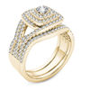 Thumbnail Image 1 of 1 CT. T.W. Diamond Cushion Frame Split Shank Three Piece Bridal Set in 14K Gold