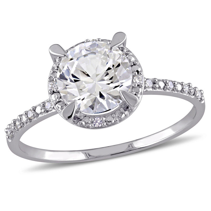 Main Image 1 of 7.0mm Lab-Created White Sapphire and Diamond Accent Frame Ring in 10K White Gold
