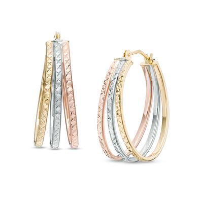 Diamond Cut Tri Color Fancy Hoop Earrings 14K Yellow White Rose Pink Gold 3/4" 