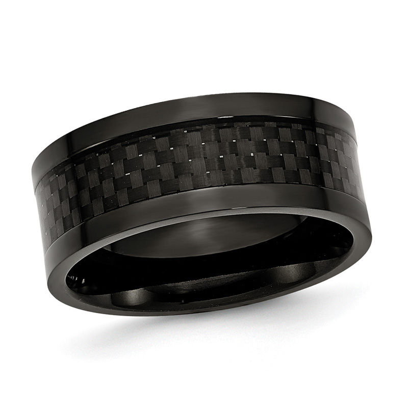 Men's 9.0mm Checker Pattern Black Carbon Fiber Inlay Wedding Band in Black IP Titanium