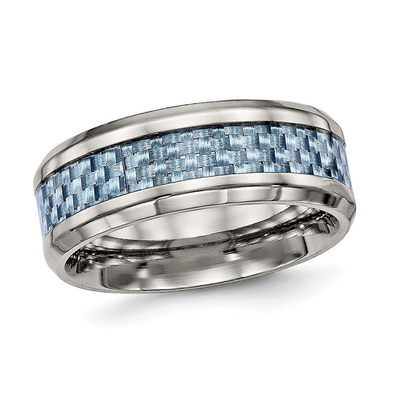 Men's 8.0mm Checker Pattern Blue Carbon Fiber Inlay Beveled Edge Wedding Band in Titanium