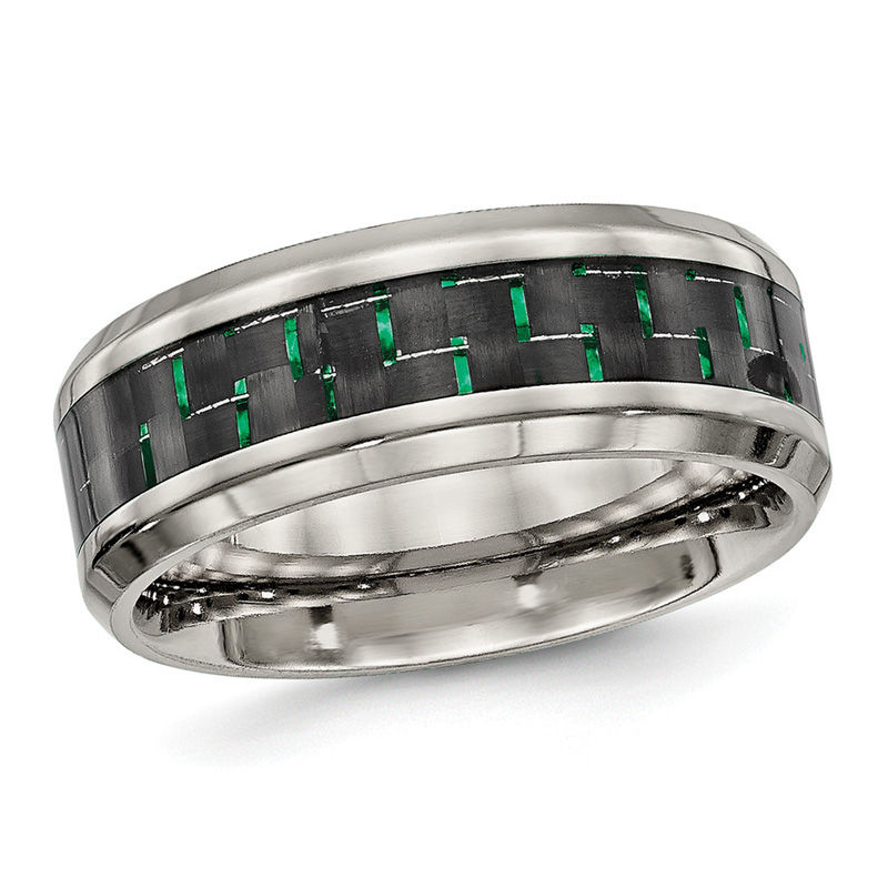 Men's 8.0mm Two-Tone Carbon Fiber Inlay Beveled Edge Wedding Band in Titanium