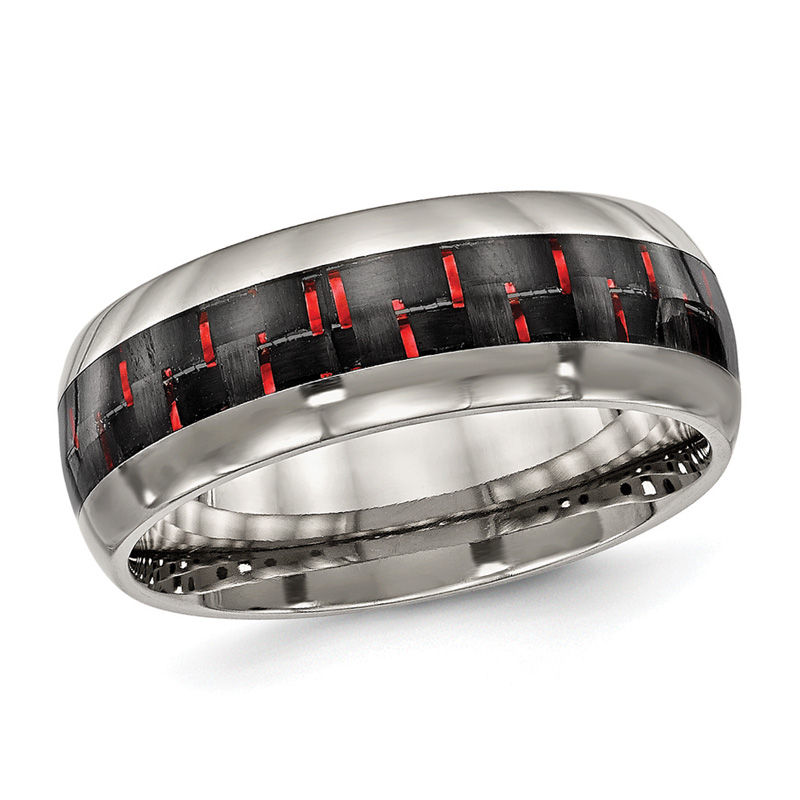 Men's 8.0mm Two-Tone Carbon Fiber Inlay Dome Wedding Band in Titanium