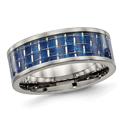 6mm Titanium Blue IP Strip Center Checkered Step Edge Band Women's Wedding Ring 