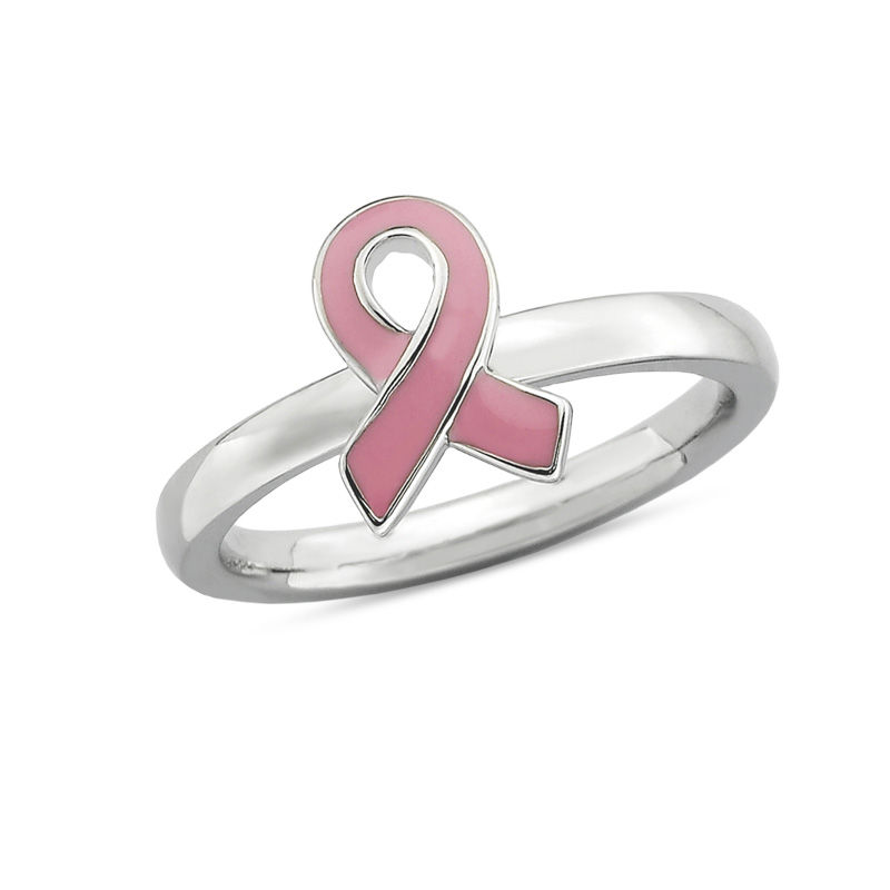 Stackable Expressions™ Pink Enamel Breast Cancer Awareness Ribbon Ring in Sterling Silver