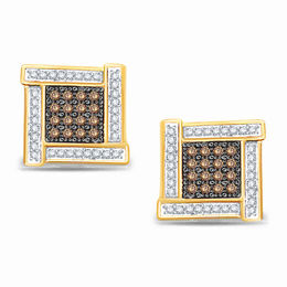 Men's 1/5 CT. T.W. Champagne and White Diamond Square Stud Earrings in 10K Gold