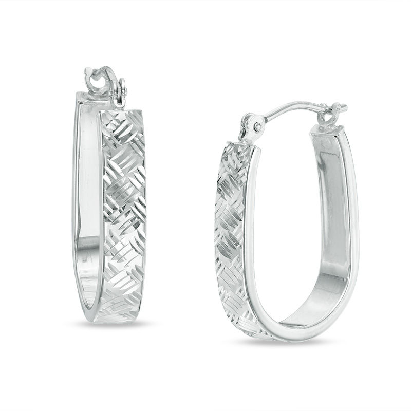 Main Image 1 of Diamond-Cut Basket Weave U-Hoop Earrings in 10K White Gold