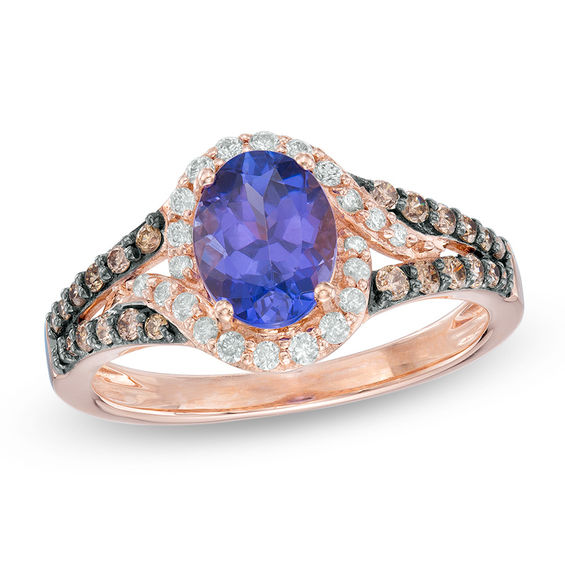 Oval Tanzanite and 3/8 CT. T.W. Champagne and White Diamond Swirl Frame Ring in 14K Rose Gold Oval Tanzanite and 3/8 CT. T.W. Champagne and White Diamond Swirl Frame Ring in 14K Rose Gold