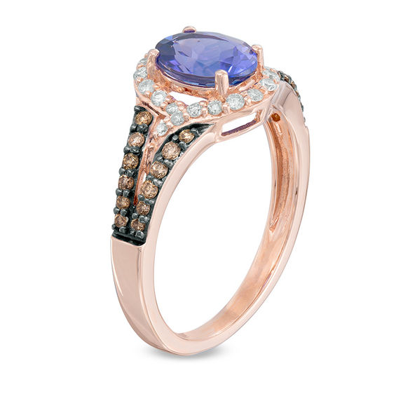 Oval Tanzanite and 3/8 CT. T.W. Champagne and White Diamond Swirl Frame Ring in 14K Rose Gold Oval Tanzanite and 3/8 CT. T.W. Champagne and White Diamond Swirl Frame Ring in 14K Rose Gold