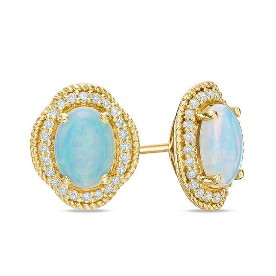 Oval Opal and 1/4 CT. T.W. Diamond Rope Frame Stud Earrings in 14K Gold ...