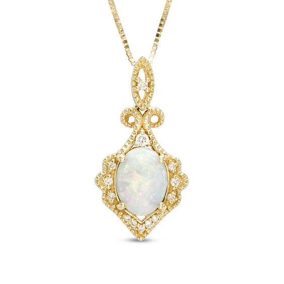 Oval Opal and Diamond Accent Vintage-Style Pendant in 10K Gold