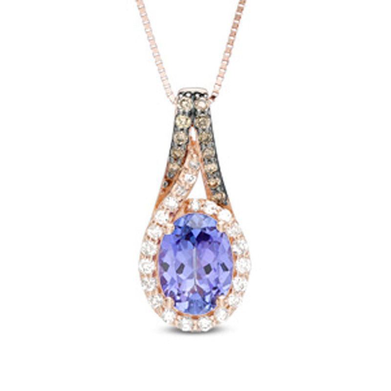 Oval Tanzanite and 1/5 CT. T.W. Champagne and White Diamond Frame Pendant in 14K Rose Gold