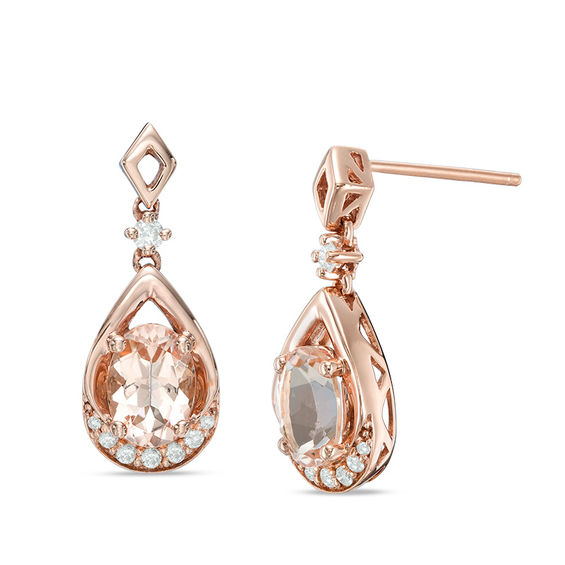 Oval Morganite And 1 8 Ct T W Diamond Teardrop Earrings In 10k T W Diamond Teardrop Earrings In 10k Rose Gold
