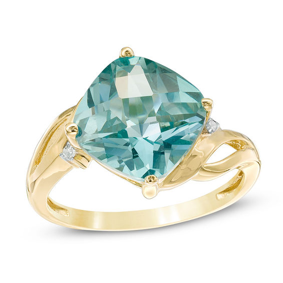 10.0mm Cushion-Shaped Lab-Created Green Paraiba Tourmaline and Diamond Accent Ring in 10K Gold