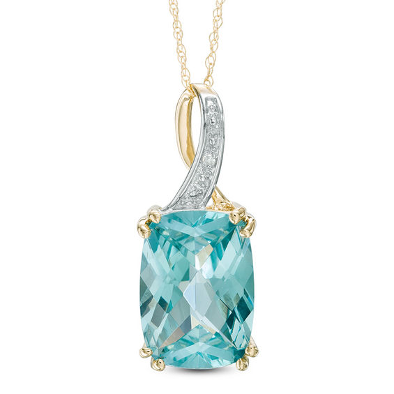 Cushion-Shaped Lab-Created Green Paraiba Tourmaline and Diamond Accent Pendant in 10K Gold