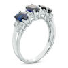 Thumbnail Image 1 of Oval Lab-Created Blue and White Sapphire Three Stone Ring in 10K White Gold