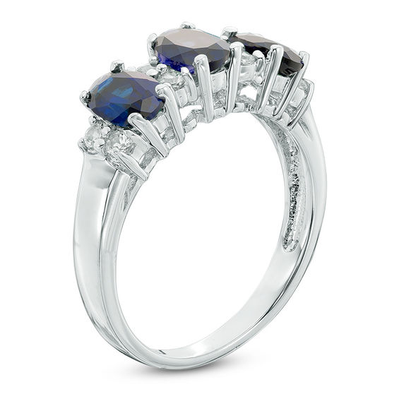 Oval Lab-Created Blue and White Sapphire Three Stone Ring in 10K White Gold