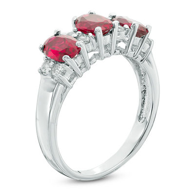 Oval Lab-Created Ruby and White Sapphire Three Stone Ring in 10K