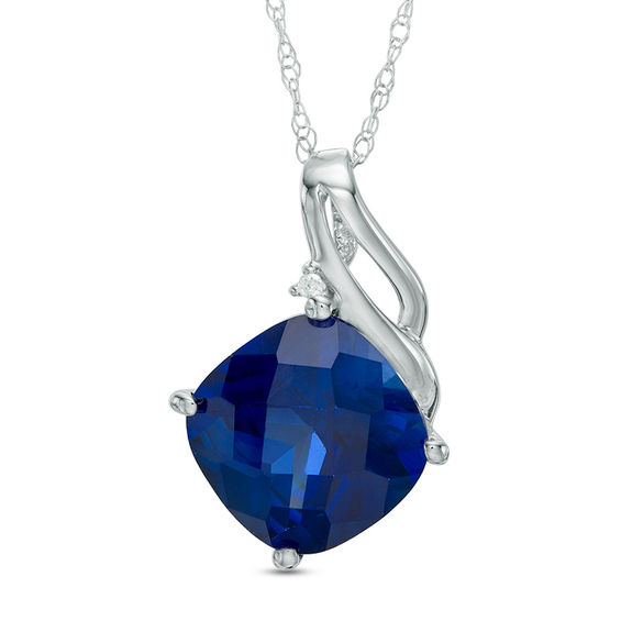 10.0mm Cushion-Shaped Lab-Created Blue Sapphire and Diamond Accent Pendant in 10K White Gold