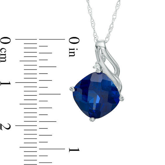 10.0mm Cushion-Shaped Lab-Created Blue Sapphire and Diamond Accent Pendant in 10K White Gold