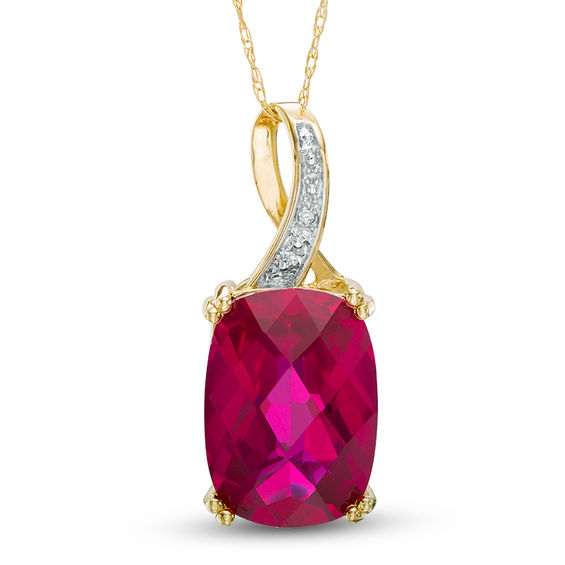 Cushion-Shaped Lab-Created Ruby and Diamond Accent Pendant in 10K Gold