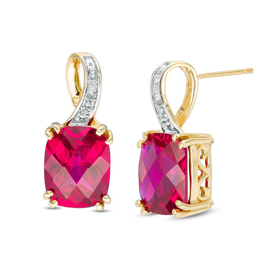 Cushion-Shaped Lab-Created Ruby and Diamond Accent Drop Earrings in 10K Gold