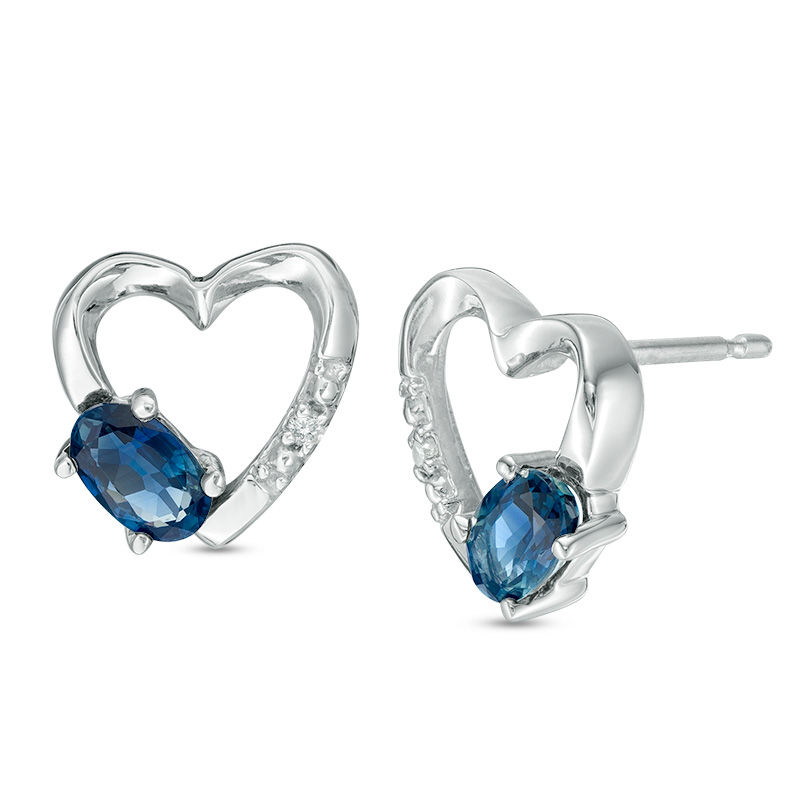 Oval Blue Sapphire and Diamond Accent Heart Stud Earrings in 10K White