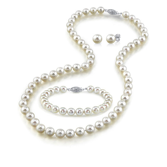 7.0-8.0mm Freshwater Cultured Pearl Strand Necklace, Bracelet and Earrings Set with 14K White Gold Clasp