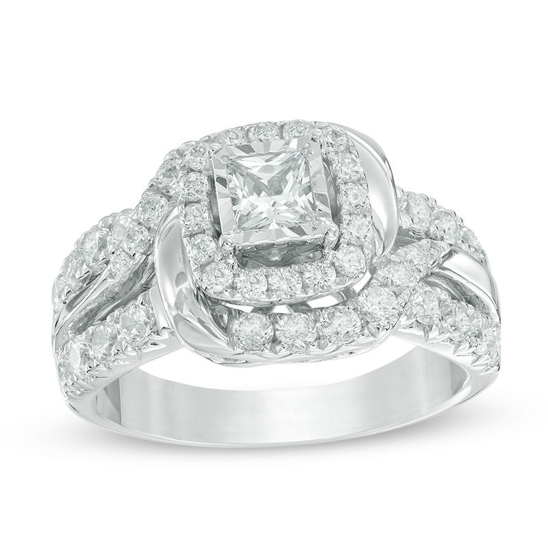 1-1/2 CT. T.W. Princess-Cut Diamond Swirl Frame Engagement Ring in 14K White Gold