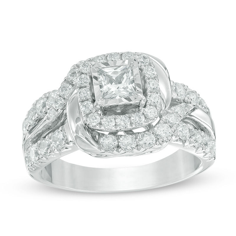 Main Image 1 of 1-1/2 CT. T.W. Princess-Cut Diamond Swirl Frame Engagement Ring in 14K White Gold