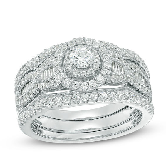 1 CT. T.w. Diamond Frame Three Piece Bridal Set in 14K White Gold