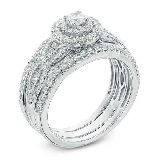 1 CT. T.w. Diamond Frame Three Piece Bridal Set in 14K White Gold