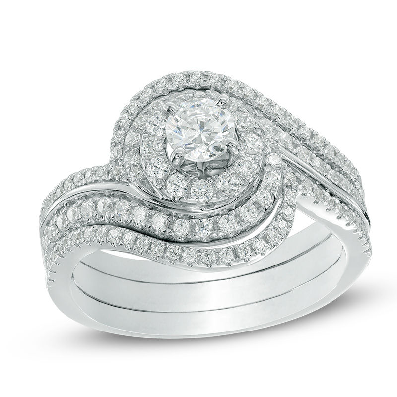 Main Image 1 of 1 CT. T.W. Diamond Swirl Frame Three Piece Bridal Set in 14K White Gold