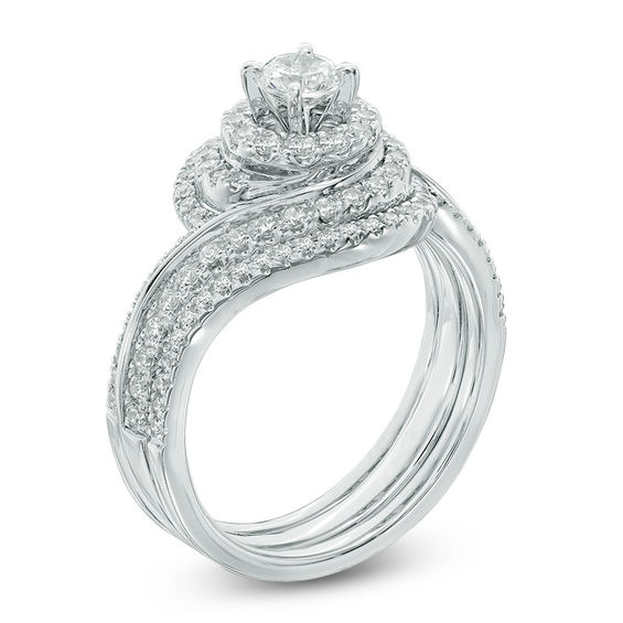 1 CT. T.w. Diamond Swirl Frame Three Piece Bridal Set in 14K White Gold