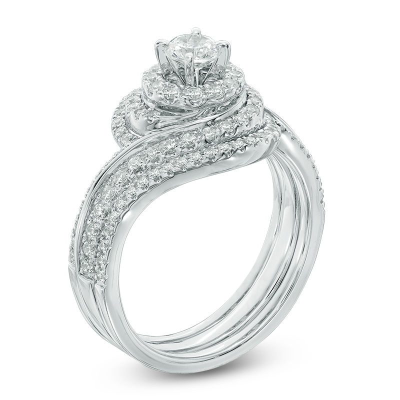 Main Image 2 of 1 CT. T.W. Diamond Swirl Frame Three Piece Bridal Set in 14K White Gold