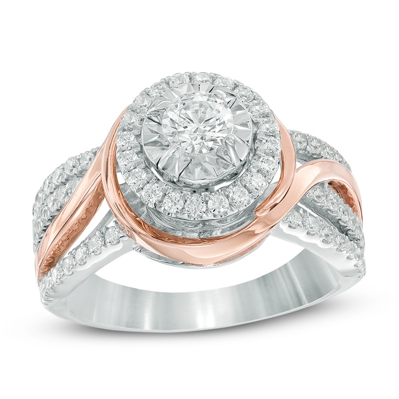 1 CT. T.W. Diamond Frame Twist Split Shank Engagement Ring in 14K Two-Tone Gold