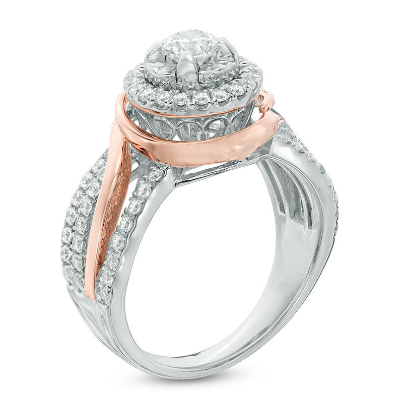 Main Image 2 of 1 CT. T.W. Diamond Frame Twist Split Shank Engagement Ring in 14K Two-Tone Gold