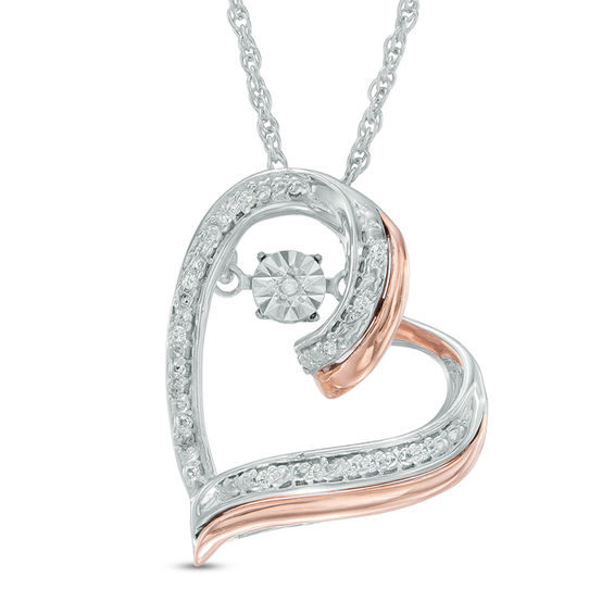 Diamond Accent Tilted Double Heart Pendant in Sterling Silver and 10K Rose Gold