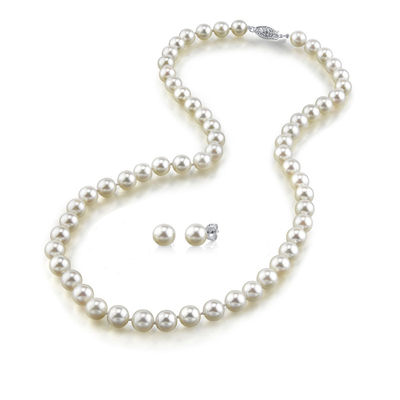 Jiayipearl Womens AAA 17 inch 9-10mm White Freshwater Cultured Pearl Necklace 14k White Gold Clasp 