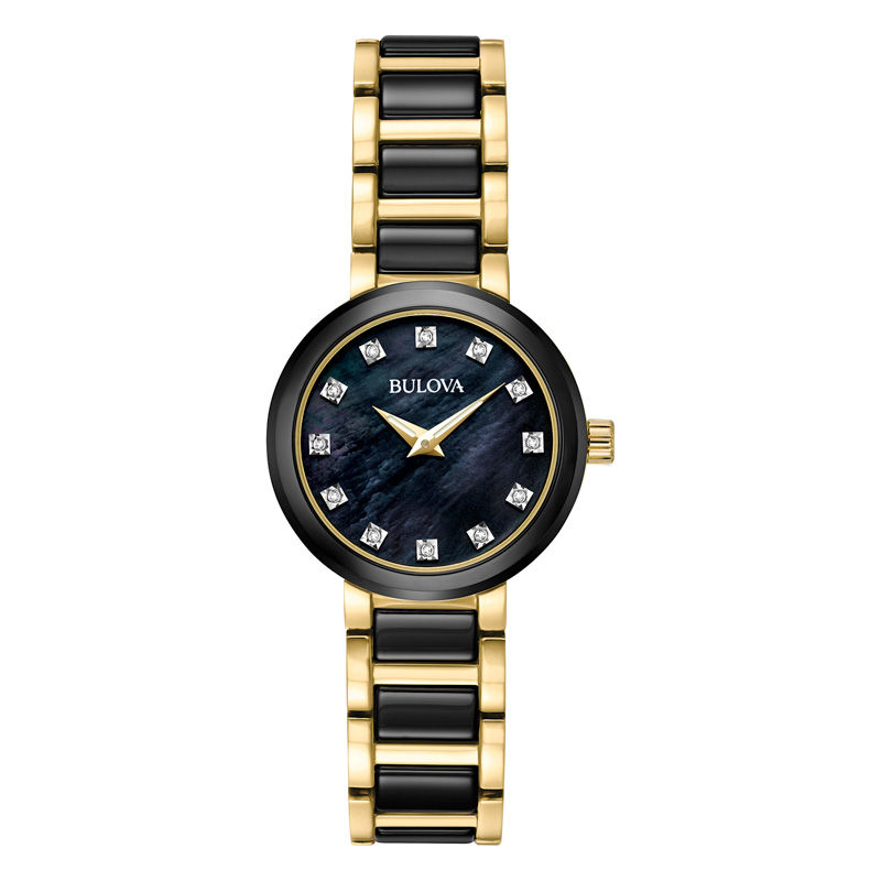 Ladies' Bulova Diamond Accent Two-Tone Watch with Black Mother-of-Pearl Dial (Model: 98P159)