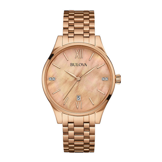 Ladies' Bulova Diamond Accent Rose-Tone Watch with Mother-of-Pearl Dial ...