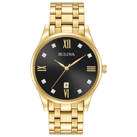 Men's Bulova Diamond Accent Gold-Tone Watch with Black Dial (Model: 97D108)