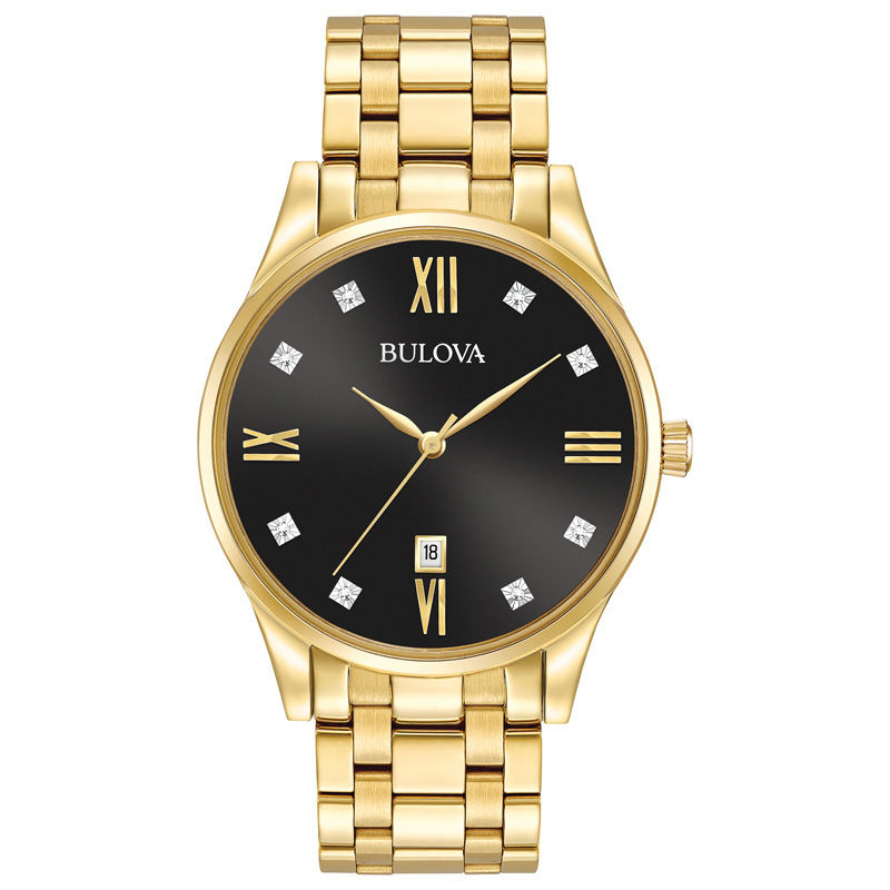 Main Image 1 of Men's Bulova Diamond Accent Gold-Tone Watch with Black Dial (Model: 97D108)