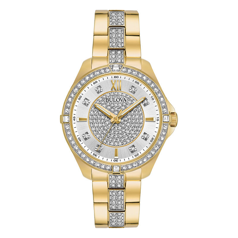 Ladies' Bulova Crystal Accent Gold-Tone Watch with Silver-Tone Dial ...