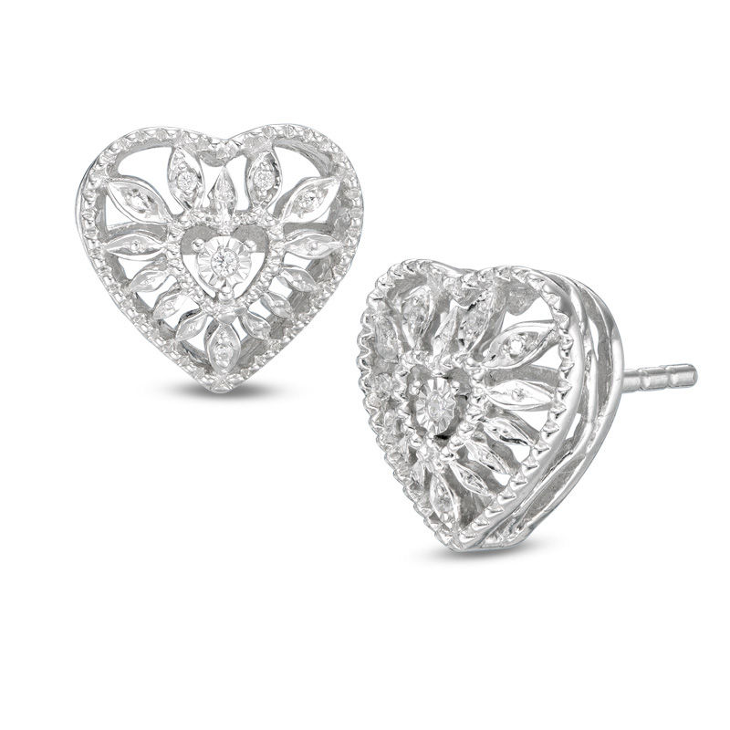 Main Image 1 of Diamond Accent Heart Starburst Stud Earrings in Sterling Silver