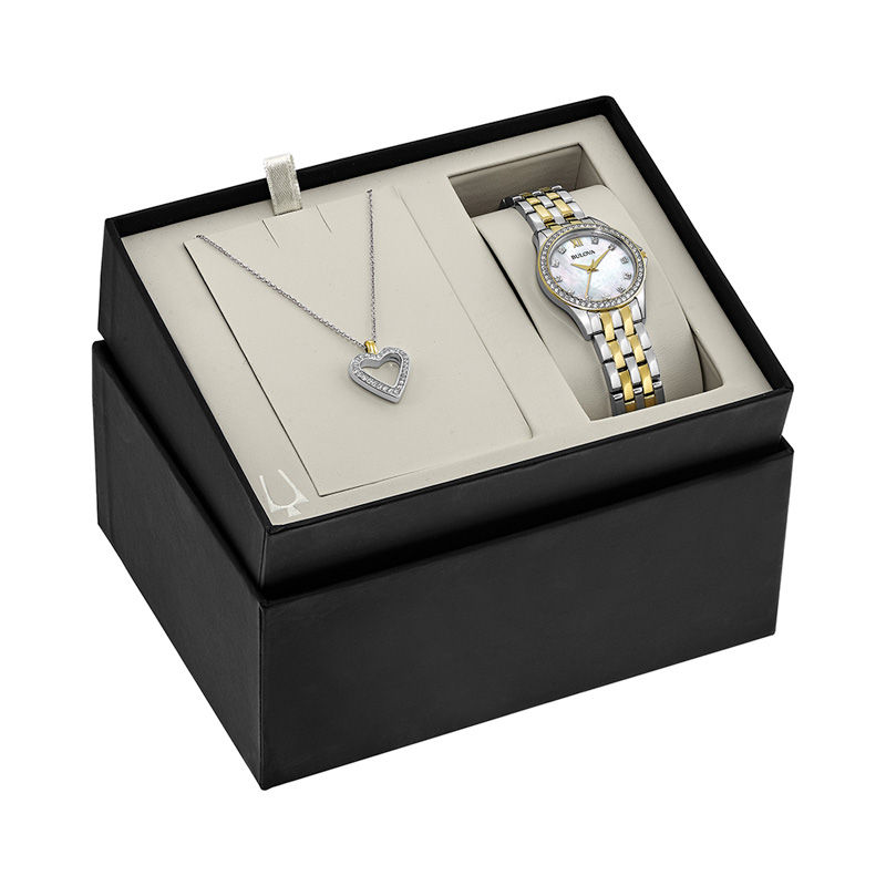 Ladies' Bulova Crystal Accent Two-Tone Watch with Mother-of