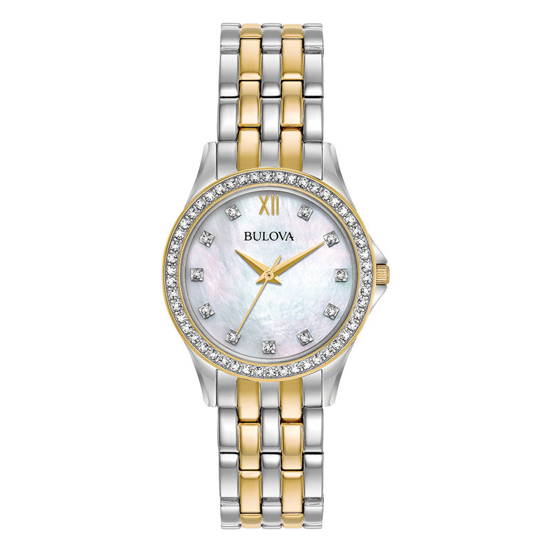 Ladies' Bulova Crystal Accent Two-Tone Watch with Mother-of-Pearl Dial and Heart Pendant Box Set (Model: 98X113)