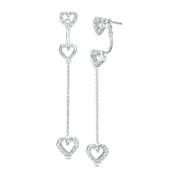 1/8 CT. T.w. Diamond Three Heart Front/Back Earrings in Sterling Silver