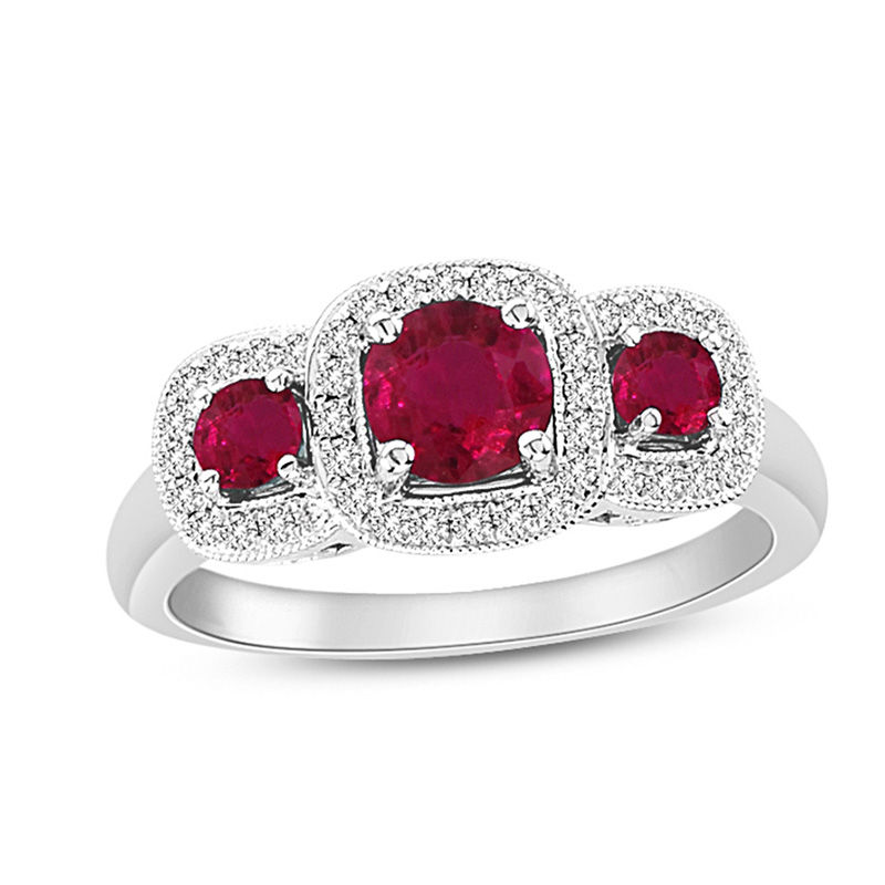 Ruby and 1/5 CT. T.W. Diamond Vintage-Style Three Stone Engagement Ring in 14K White Gold
