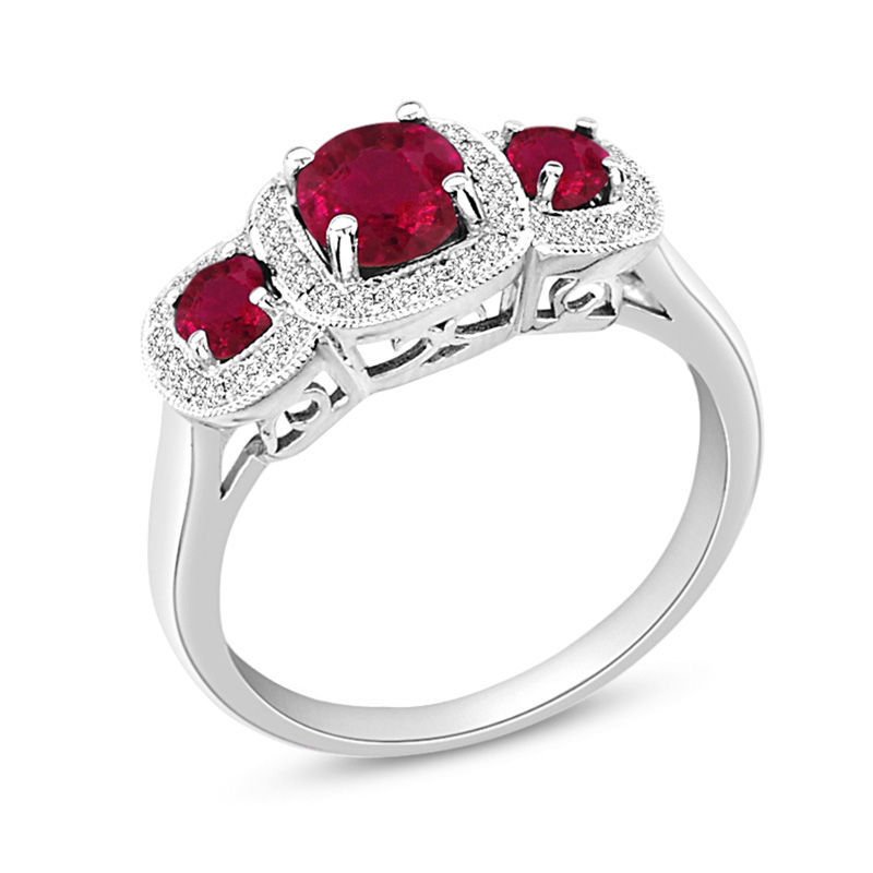 Ruby and 1/5 CT. T.W. Diamond Vintage-Style Three Stone Engagement Ring in 14K White Gold